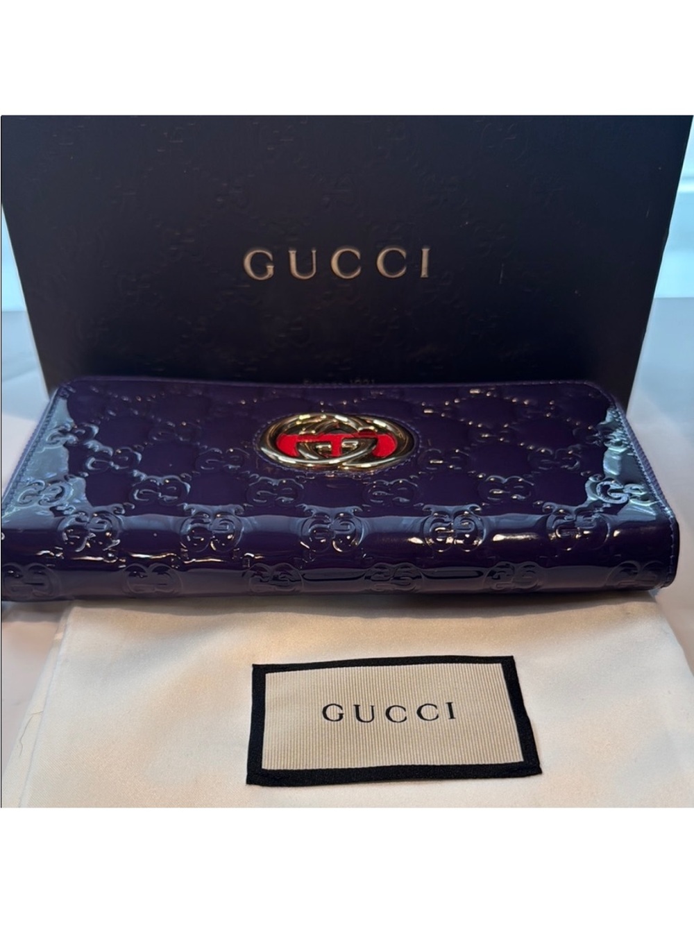 Gucci Purple Limited Edition Patent Continental Wallet with Sherry Line GG